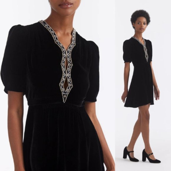 NWT Saloni Keyhole Tabitha Diamante Embroidery Velvet V-Neck Black Mini Dress - Picture 1 of 8